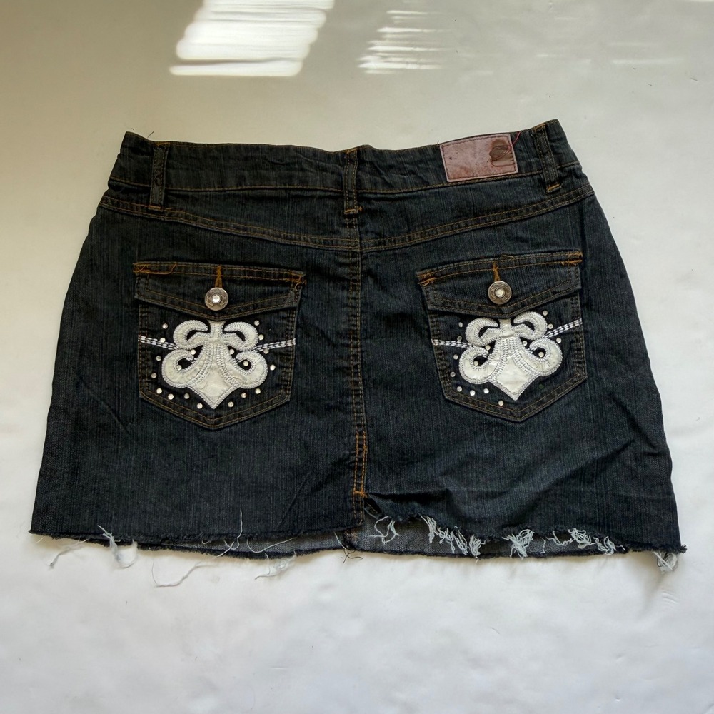 Sexy Pompis Y2K Mcbling Embellished Embroidered Denim Micro Mini Skirt Black 10